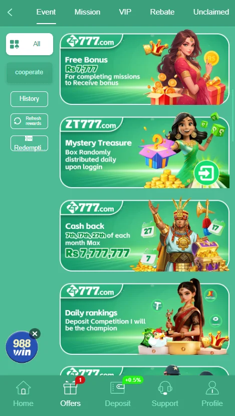 Zt777 game app image showing rewrad and bonuses