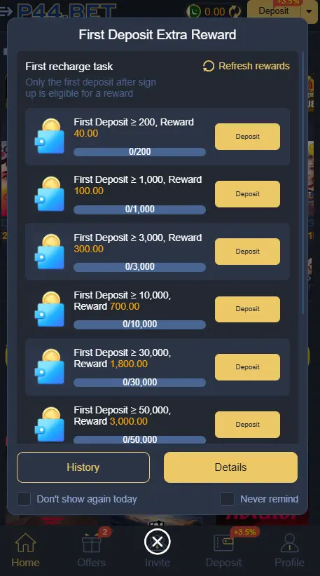 P44 Game first deposit bonus offer showing extra reward credits after first payment.