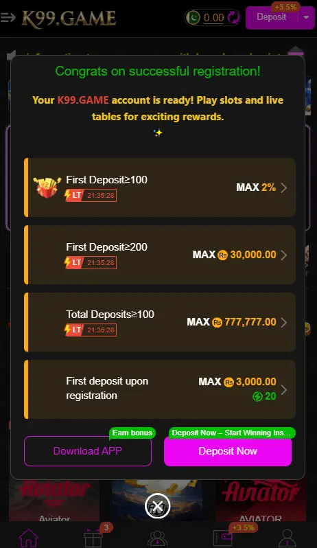 K99 deposit bonus offer showing extra rewards and secure payment options for Pakistani players