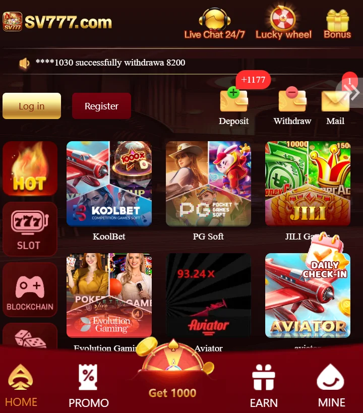 Sv777 game app interface shwoing game and other features