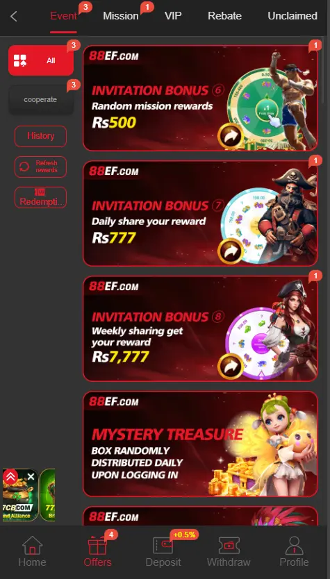 88ef game special offers showing bonus rewards and promotional deals for players in Pakistan