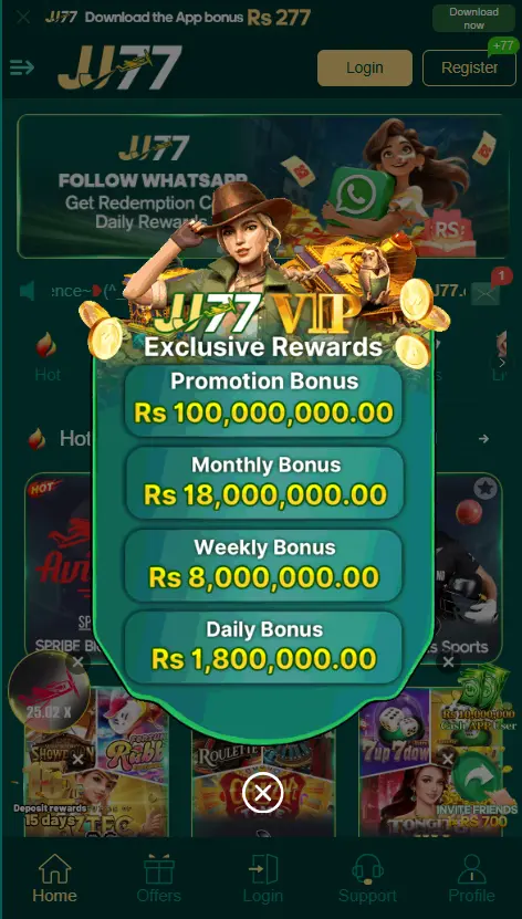 Screenshot of JJ77 Game showing live casino, slot games, and daily rewards on Android, highlighting user bonuses and earning opportunities