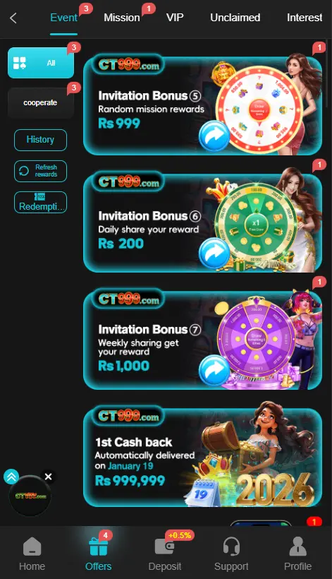 Ct999 game offering varity of features  that includes invitation bonus, rebate and many more