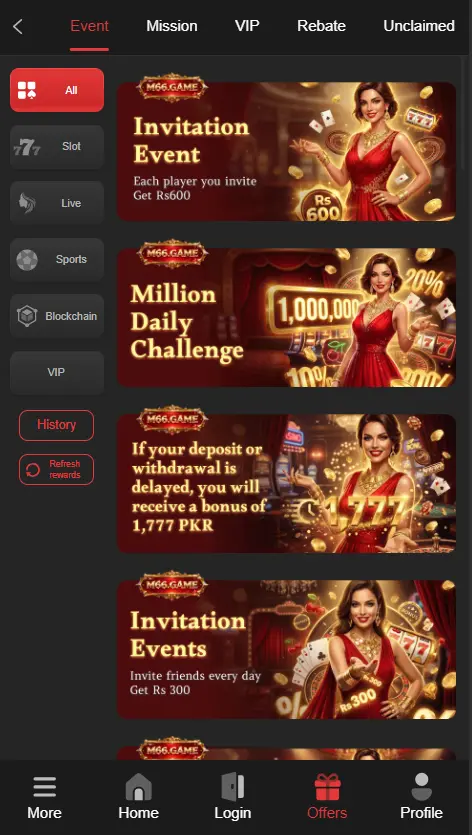 M66 offering varity of bonuses and rewards for the user to increasre their earning, invite more and min more