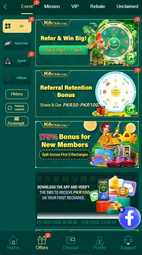 K6 club game packed with amazing features, offering varity of bonuses and rewards for both new and old uders