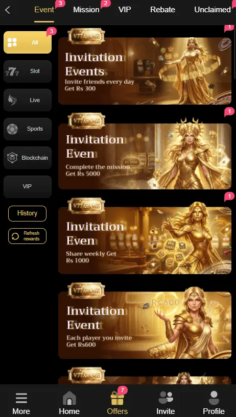 V77 game app packed with amazing earning chances, earn by betting, inviting and daily login