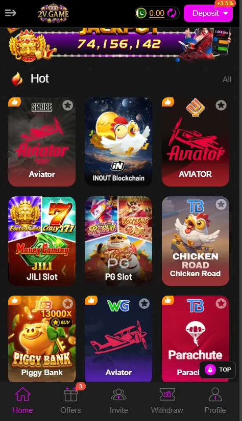 2v game app interface showing wide range of of game that you can play and earn good amount of money