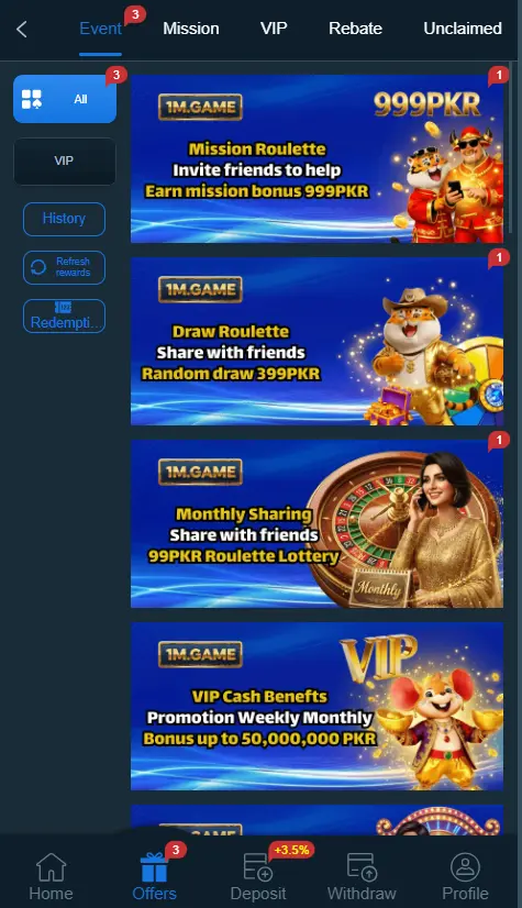 1m game app interface showing rewards and bonuses for the user to earn money by joining the game