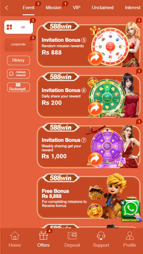 588win game app interface showing earning options for the user to make money