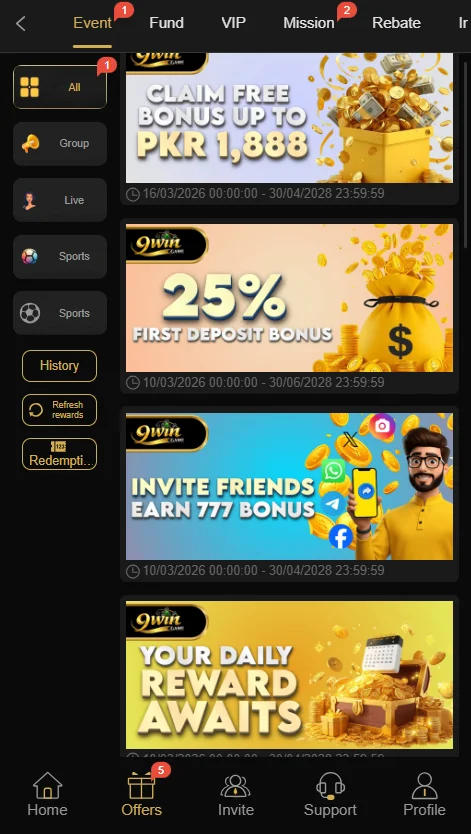 9win game app interface showing offers to earn money