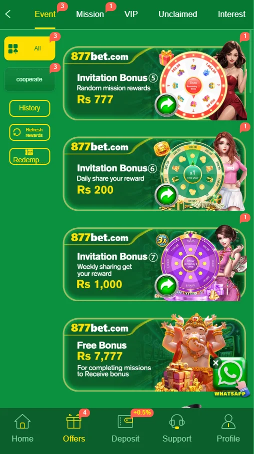 877bet game app interface of bonuses and rewards