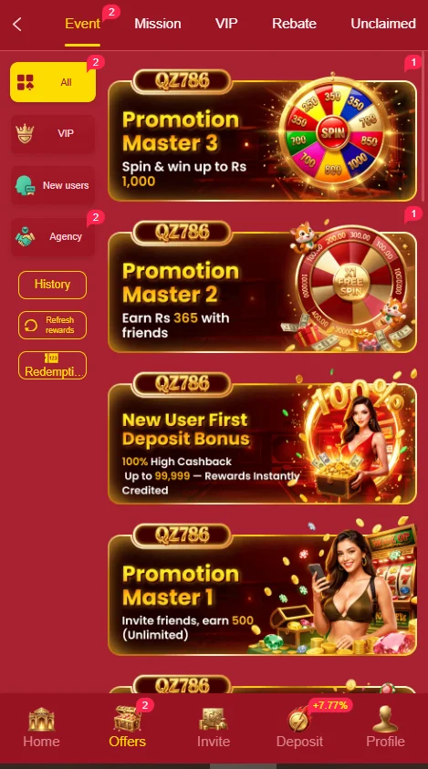 Qz786 Game App Interface shpwing bonuses and rewards