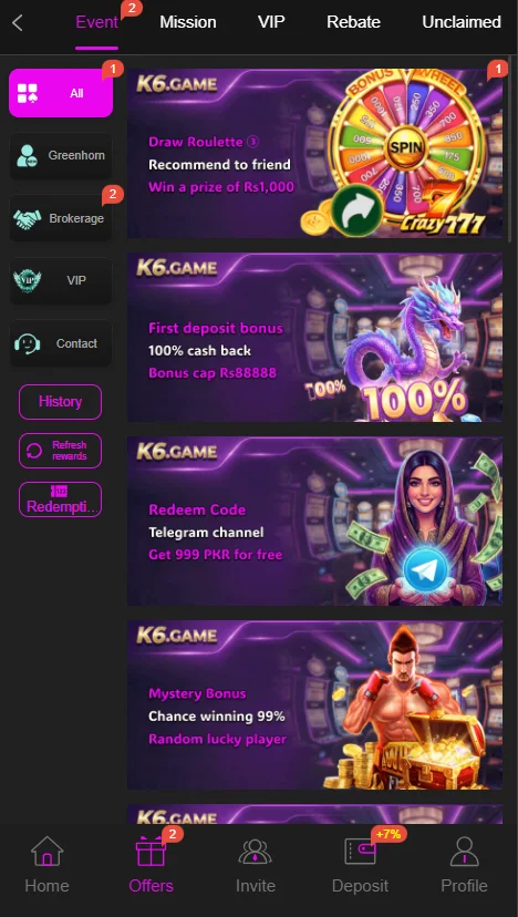 K6 game app interface showing bonuses and rewards for the user to make real money.