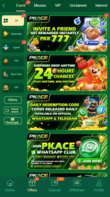 Pkace game app interface showing rewards and bonuses
