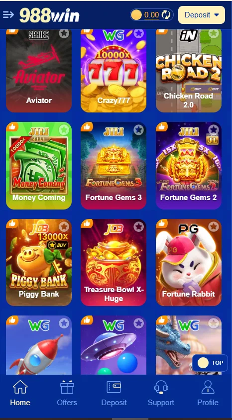 988win game app interface showing varity of games