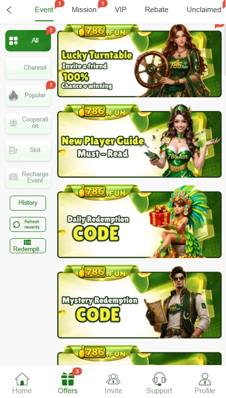 786fun game app showing rewards and bonsues that game offers its users