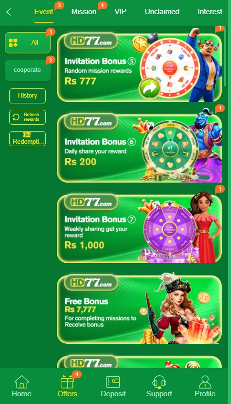 Hd77 game app image showing bonuses and rewards for the users