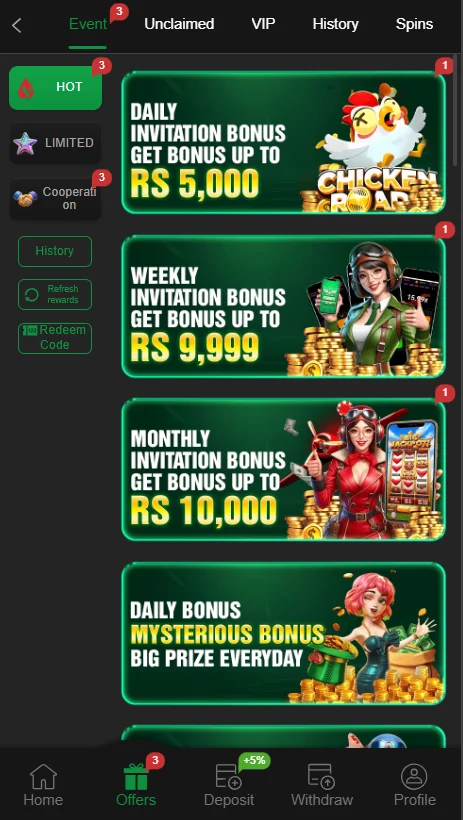 Okpkr game app image, shows rewards and bonsues for the users to cliam and play games