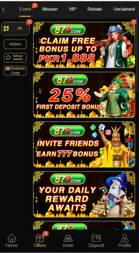 87p game app image showing rewards and bonuses for the user to make money