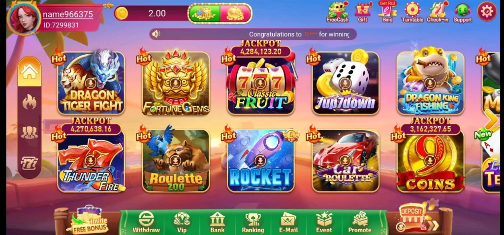 L83 game app showing varity of games, that includes slots, card, fishing and many more