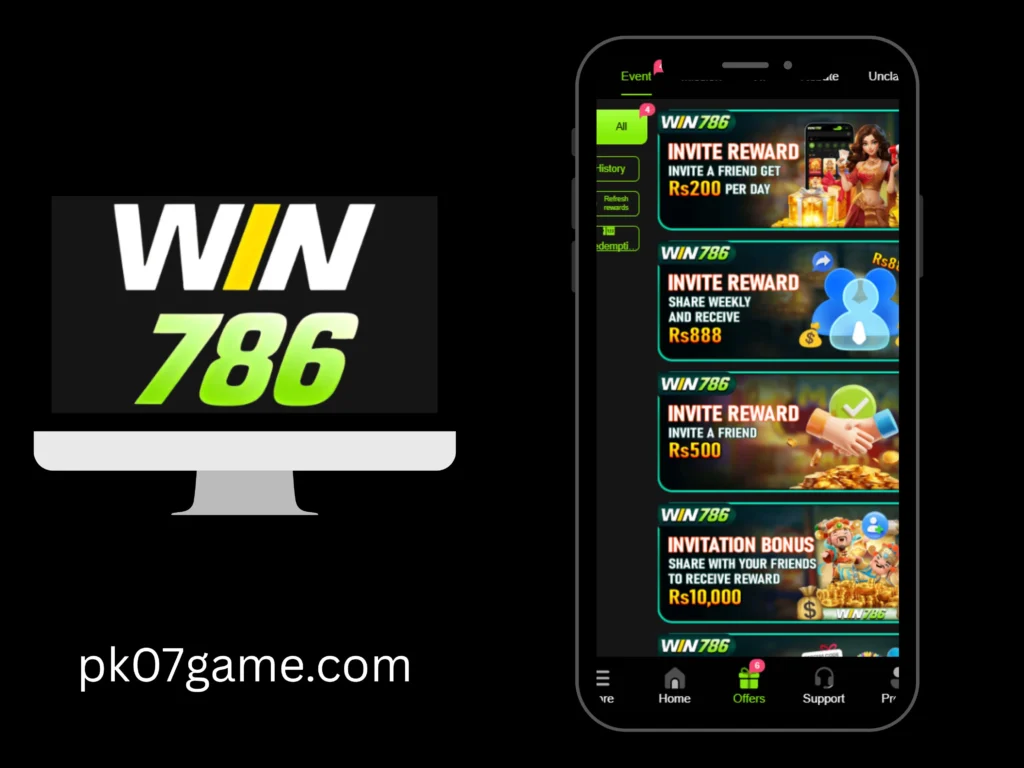 Win786 game app image showing rewrads and bonuses for the user after joining the platform