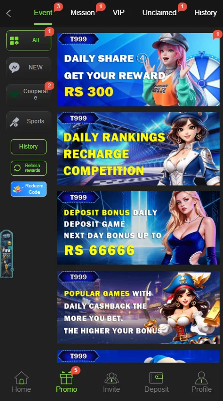 T999 game app image showing rewards and bonuses for the users