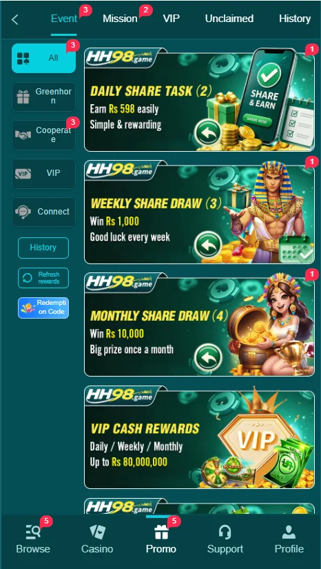 HH98 game rewards and bonuses